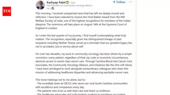 Who is Kashyap Patel? Indian-origin doctor Hind Rattan wins prestigious NRI award for transforming cancer care | World News