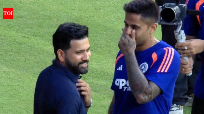 Rohit Sharma chats with India captain SKY before falling

