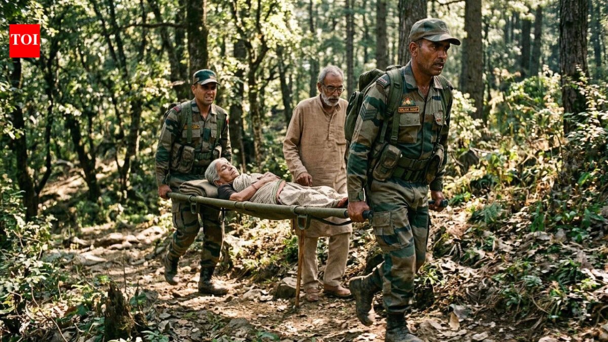 The army rescued a sick woman in a hilly village of Chill; it took 3 hours to carry a stretcher to reach the intersection