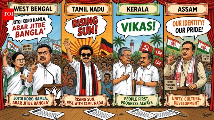 Ode to power: How slogans set the tone for elections in Bengal, Tamil Nadu, Kerala, Assam

