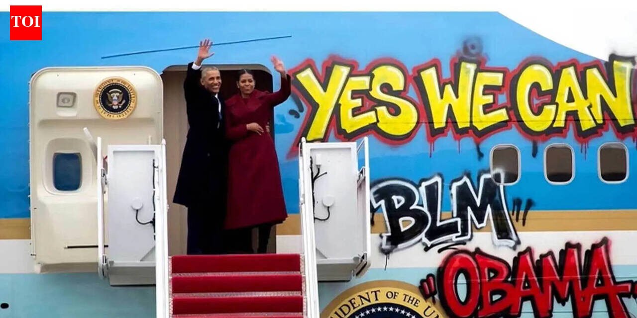 An altered graffiti photo of Obama and Air Force One