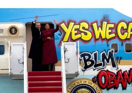 An altered graffiti photo of Obama and Air Force One