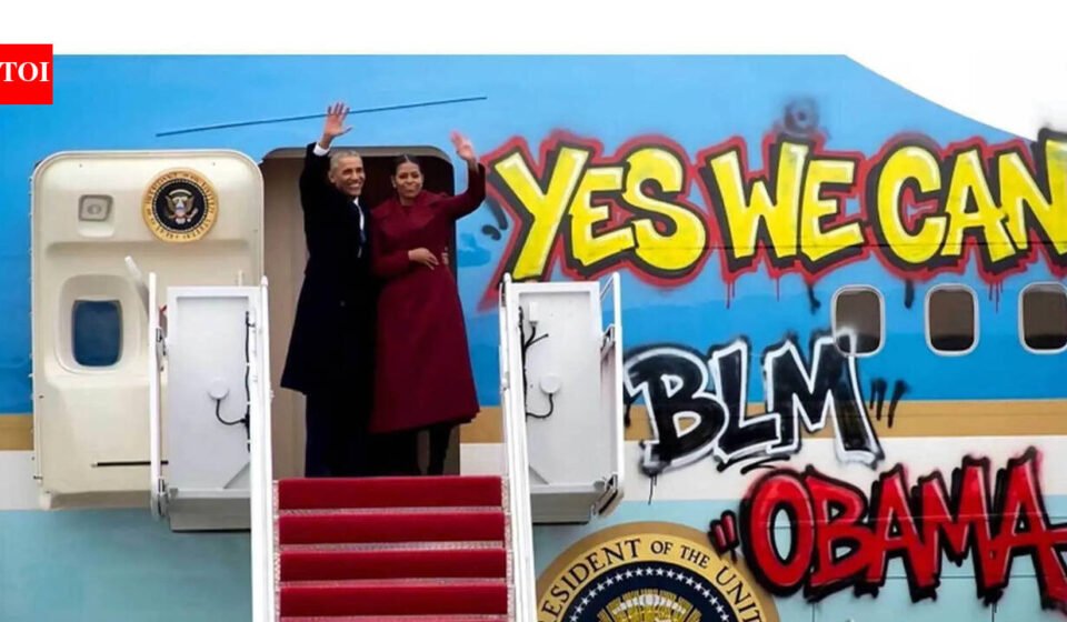 An altered graffiti photo of Obama and Air Force One