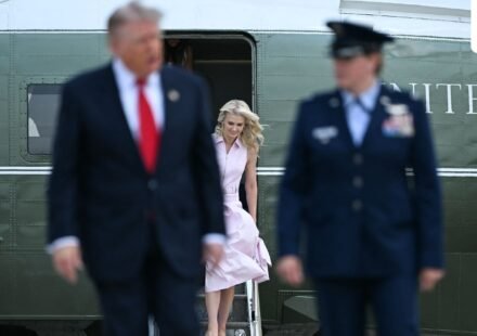 Natalie Harp, aide to US President Donald Trump, steps off Marine One as President Trump walks to board Air Force One at Joint Base Andrews, Maryland, on July 27, 2026. Trump is traveling to Milford, Michigan to deliver remarks at General Motors’ vehicle testing site Milford Proving Ground. (AFP FILE)