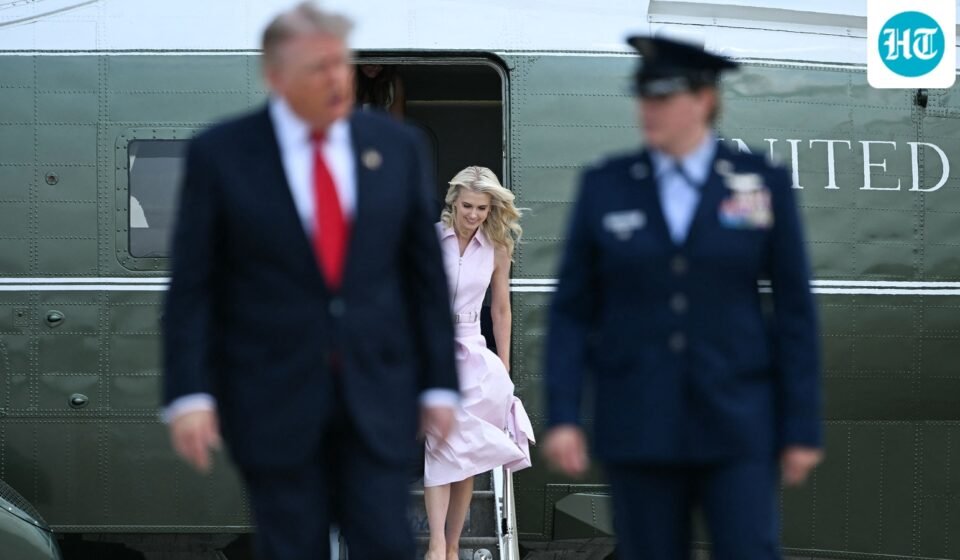 Natalie Harp, aide to US President Donald Trump, steps off Marine One as President Trump walks to board Air Force One at Joint Base Andrews, Maryland, on July 27, 2026. Trump is traveling to Milford, Michigan to deliver remarks at General Motors’ vehicle testing site Milford Proving Ground. (AFP FILE)