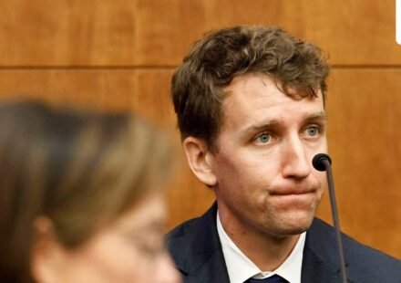 Patrick Clancy testifies for the prosecution against his ex-wife, Lindsay Clancy, at Plymouth Superior Court in Plymouth, Massachusetts ((Greg Derr/The Patriot Ledger via AP, Pool)