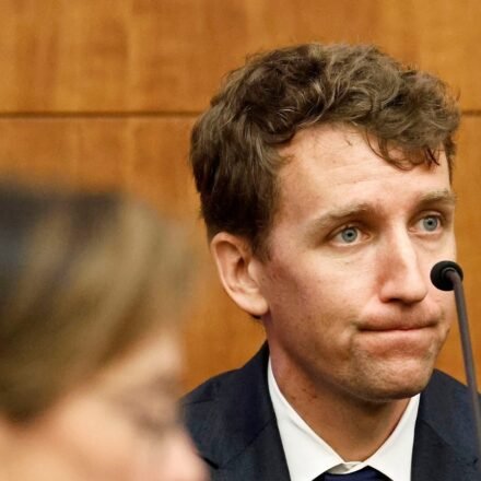 Patrick Clancy testifies for the prosecution against his ex-wife, Lindsay Clancy, at Plymouth Superior Court in Plymouth, Massachusetts ((Greg Derr/The Patriot Ledger via AP, Pool)