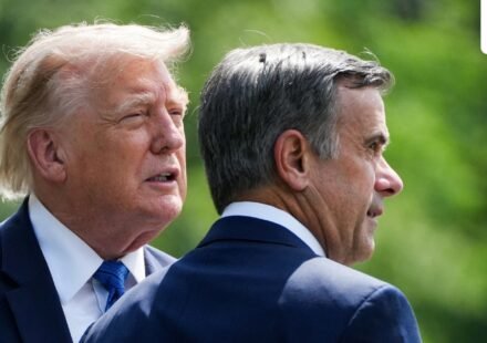 Donald Trump and John Ratcliffe, Director of the Central Intelligence Agency (CIA), speak as they depart after a Cabinet meeting at Camp David in Thurmont, Maryland on July 31. (REUTERS)