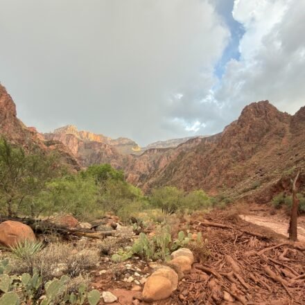 Phantom Ranch evacuees described a frightening Grand Canyon flash flood, while visitors shared relief, sadness and concern after seeing the damage.. (Parth Desai via AP) (AP)
