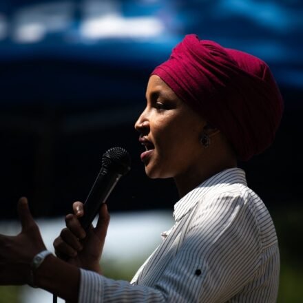 Ilhan Omar speaks during a get out the vote event with Democratic Senate candidate, Minnesota Lt. Gov. Peggy Flanagan, at Cedar Field Park on August 8. (Getty Images via AFP)
