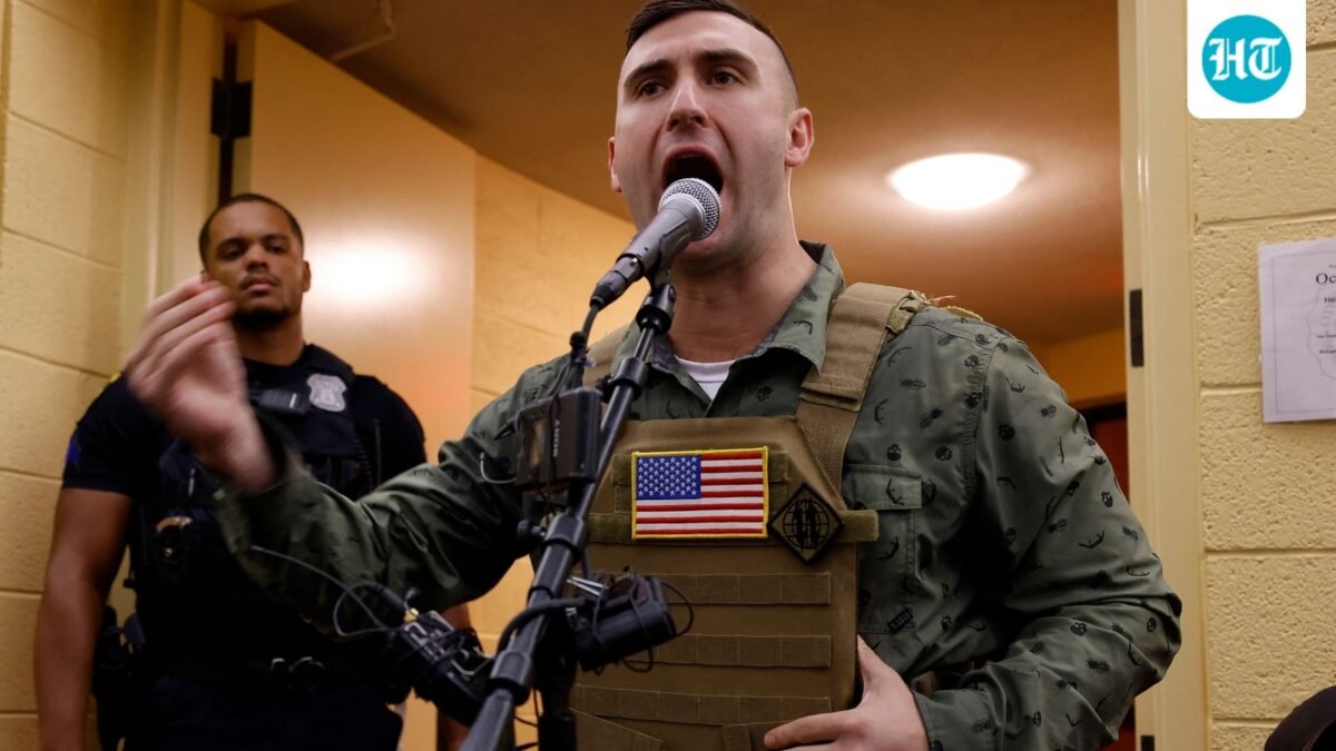 Far-right US activist Jake Lang addresses a meeting of the Dearborn City Council following an anti-Muslim demonstration he organized called the "Christian Crusade March" in Dearborn, Michigan, on August 18. (AFP)