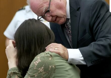 Defense attorney Kevin Reddington consoles his client, Lindsay Clancy, as she sobs during her murder trial at Plymouth Superior Court in Plymouth, Mass., Wednesday, Aug. 12, 2026. (Mark Stockwell/Boston Herald via AP, Pool) (Mark Stockwell/Pool The Boston H)