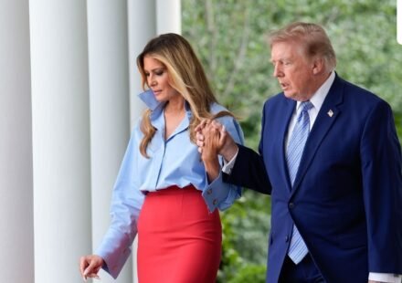 US First Lady Melania Trump, left, and US President Donald Trump arrive for a Fostering the Future event in the Rose Garden of the White House in Washington, DC, US. (Bloomberg)