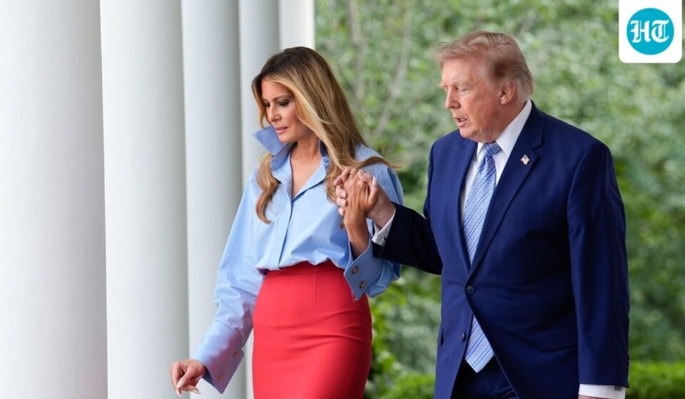 US First Lady Melania Trump, left, and US President Donald Trump arrive for a Fostering the Future event in the Rose Garden of the White House in Washington, DC, US. (Bloomberg)