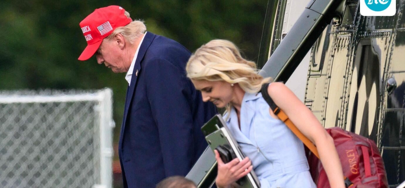 US President Donald Trump and aide Natalie Harp (R) exit Marine One on the Ellipse near the White House on August 16, 2026. (AFP)