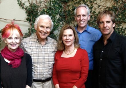 FILE - Shelley Fabares, left, poses for a group photo with other Screen Actors Guild Awards committee members, from left, Paul Napier, Chairwoman JoBeth Williams, Vice Chair Daryl Anderson and Scott Bakula during a tasting of the proposed menu and alternatives for the SAG Awards by Lucques Catering, Sept. 29. 2009, in Los Angeles. (AP Photo/Matt Sayles)