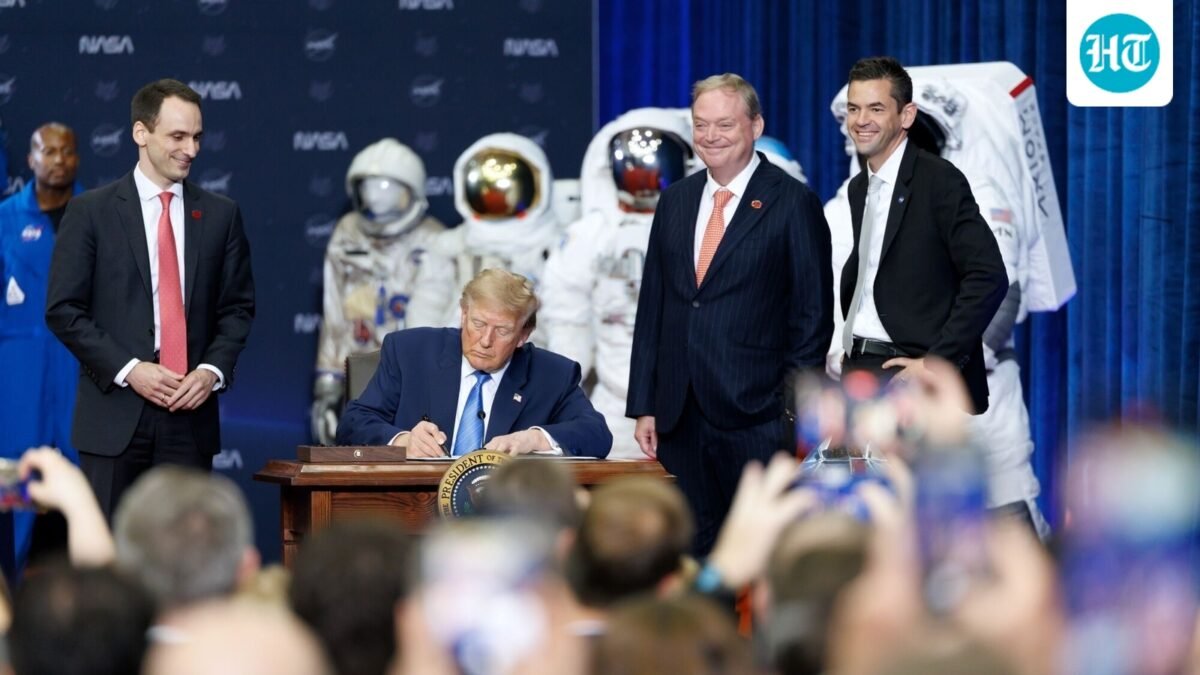 US President Donald Trump signs an executive order to create a US Space Academy at the NASA Johnson Space Center in Houston, Texas, US. (Bloomberg)