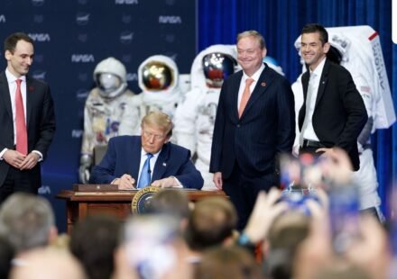 US President Donald Trump signs an executive order to create a US Space Academy at the NASA Johnson Space Center in Houston, Texas, US. (Bloomberg)