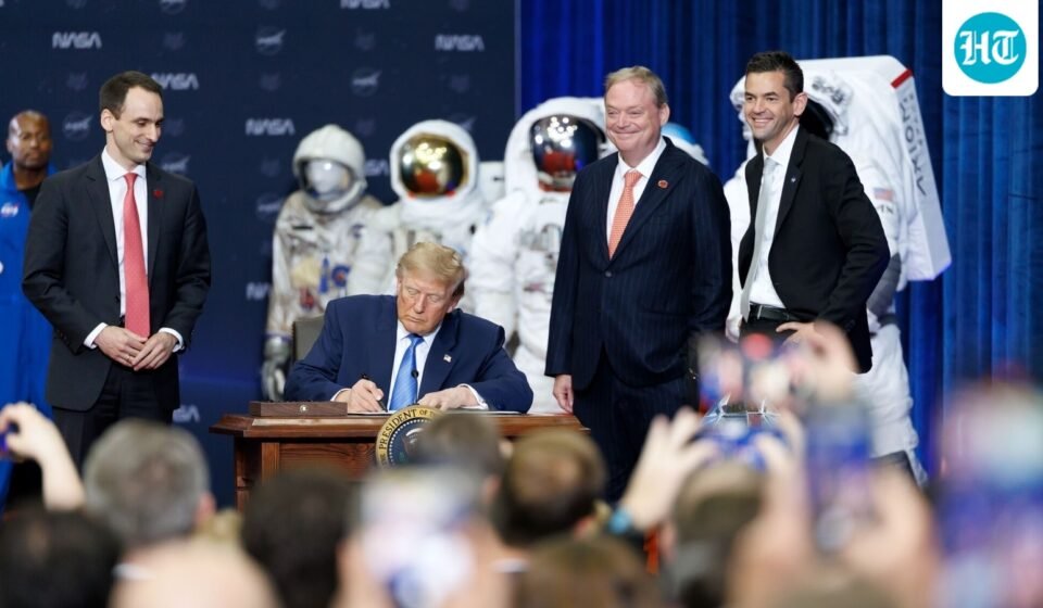 US President Donald Trump signs an executive order to create a US Space Academy at the NASA Johnson Space Center in Houston, Texas, US. (Bloomberg)