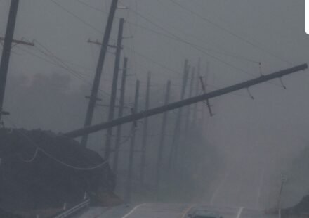 A vehicle drives near a downed utility pole dangling above Mamalahoa Highway during Hurricane Lala near Ocean View, Hawaii. (Stephen Lam/San Francisco Chroni)