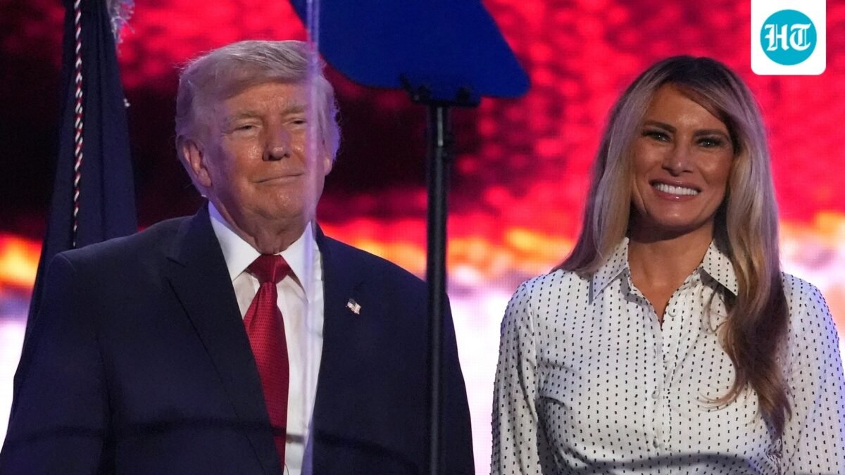 Trump and Melania on stage at the conclusion of his speech during Salute to America, an Independence Day event honoring the nation's 250th anniversary (July 4) (AP Photo/Mark Schiefelbein)