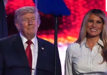 Trump and Melania on stage at the conclusion of his speech during Salute to America, an Independence Day event honoring the nation's 250th anniversary (July 4) (AP Photo/Mark Schiefelbein)