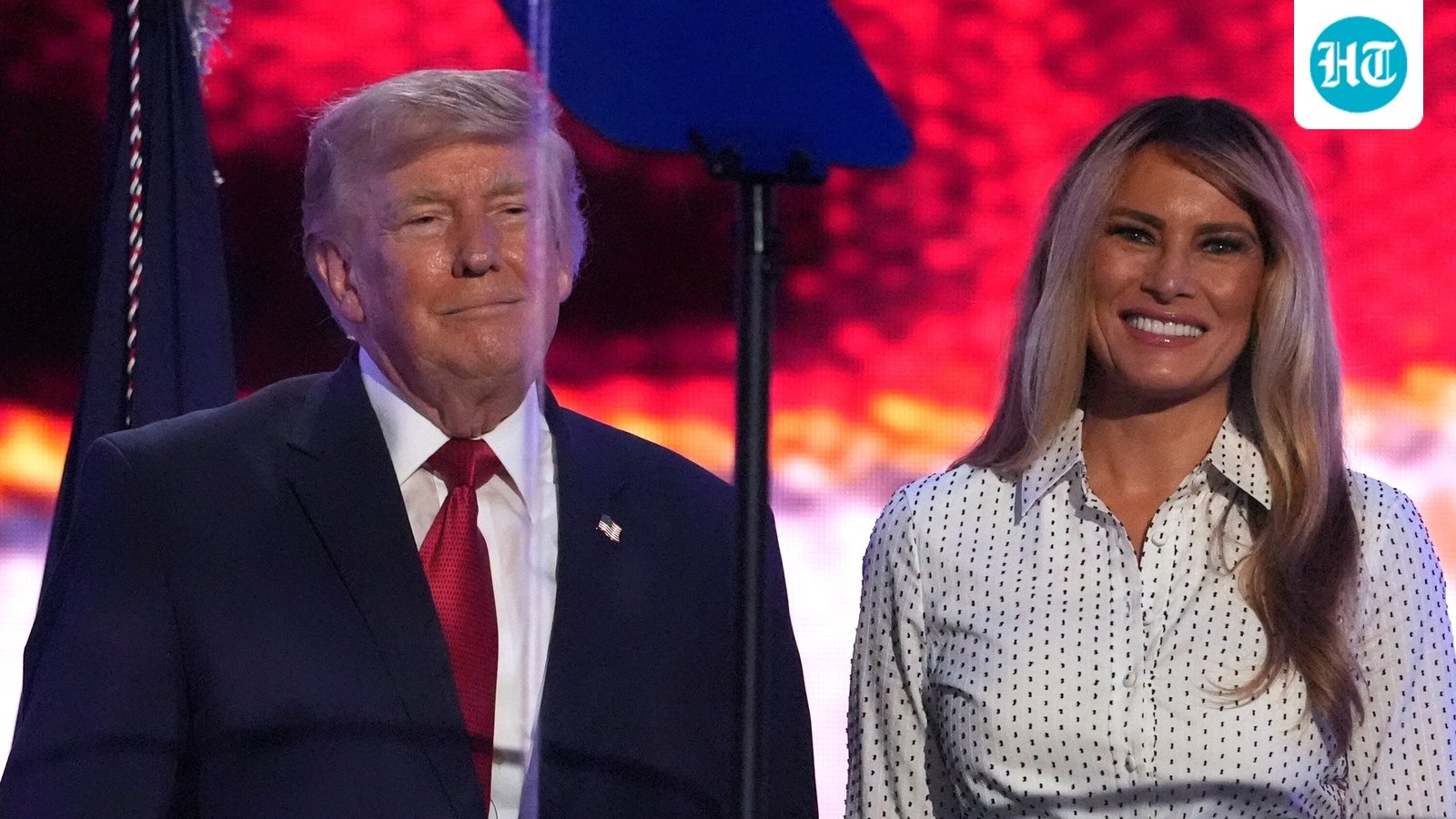 Trump and Melania on stage at the conclusion of his speech during Salute to America, an Independence Day event honoring the nation's 250th anniversary (July 4) (AP Photo/Mark Schiefelbein)