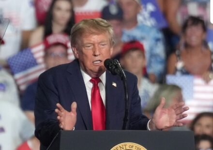 Donald Trump speaks at a campaign rally for Sen. Darline Graham, as she competes in a special Republican primary. (AP Photo/Meg Kinnard)