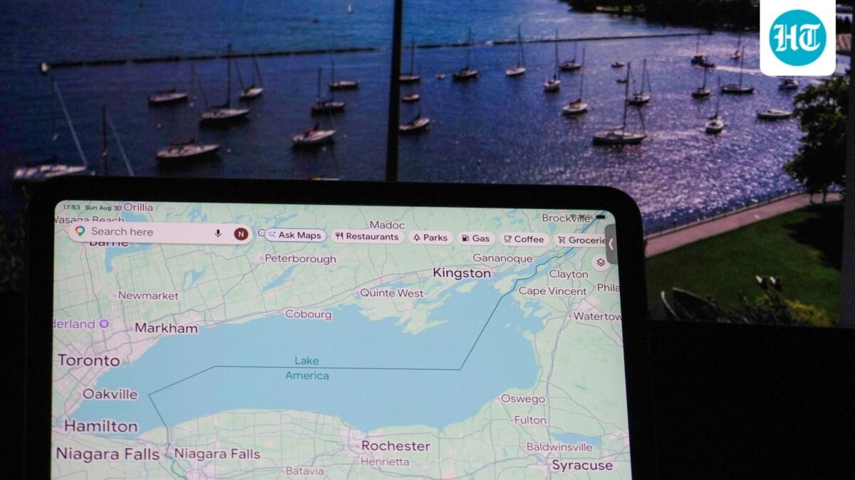This photo illustration shows a Google map identifying Lake Ontario as "Lake America" in front of a photograph. (AFP)