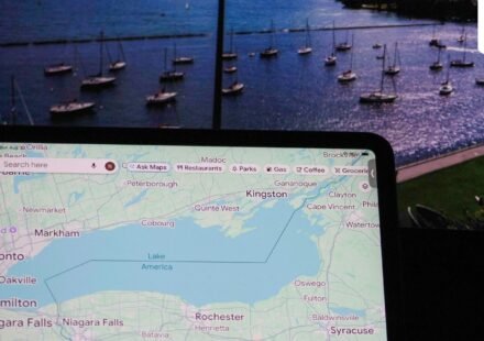 This photo illustration shows a Google map identifying Lake Ontario as "Lake America" in front of a photograph. (AFP)