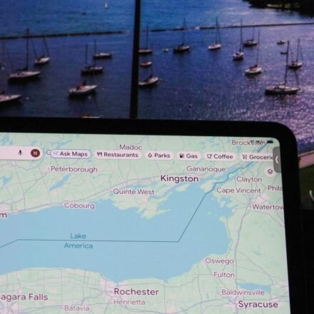 This photo illustration shows a Google map identifying Lake Ontario as "Lake America" in front of a photograph. (AFP)