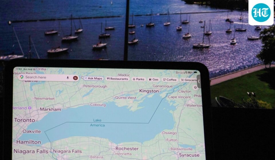 This photo illustration shows a Google map identifying Lake Ontario as "Lake America" in front of a photograph. (AFP)