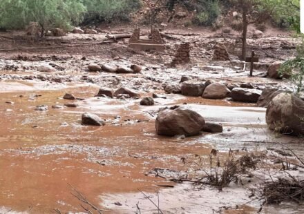 This handout image released by the Grand Canyon National Park Service via X  (formerly Twitter) on August 30, 2026 shows remnants of stone bridge pylons along Bright Angel Creek following a flash flood that destroyed the footbridge on August 29. (Photo by J.THOMPSON and Handout / NATIONAL PARK SERVICE / AFP) (AFP)