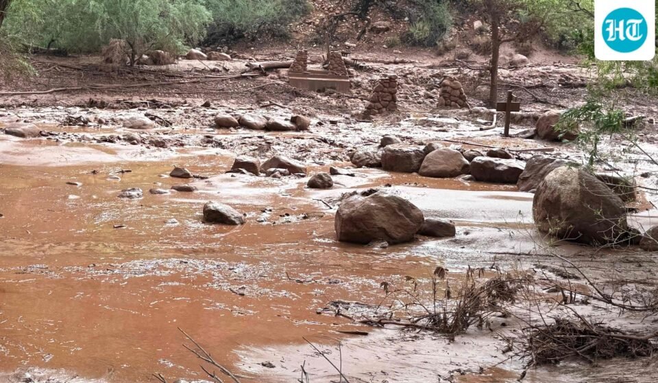 This handout image released by the Grand Canyon National Park Service via X  (formerly Twitter) on August 30, 2026 shows remnants of stone bridge pylons along Bright Angel Creek following a flash flood that destroyed the footbridge on August 29. (Photo by J.THOMPSON and Handout / NATIONAL PARK SERVICE / AFP) (AFP)