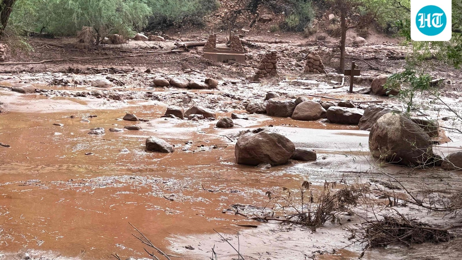 This handout image released by the Grand Canyon National Park Service via X  (formerly Twitter) on August 30, 2026 shows remnants of stone bridge pylons along Bright Angel Creek following a flash flood that destroyed the footbridge on August 29. (Photo by J.THOMPSON and Handout / NATIONAL PARK SERVICE / AFP) (AFP)