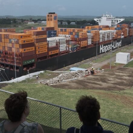 A container ship navigates the Agua Clara locks of the Panama Canal. (Bloomberg)