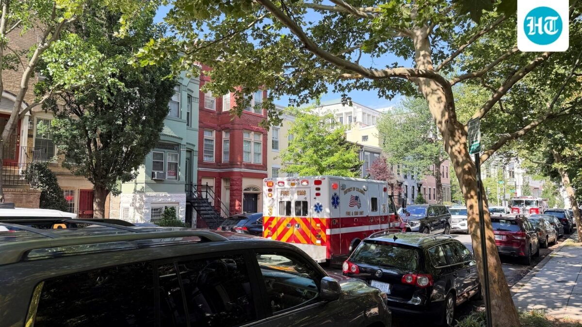An ambulance is parked outside the home of Senator Mitch McConnell as police and fire vehicles block the street on the morning when he was reported to have been taken to the hospital in Washington, D.C., on June 14, 2026. (REUTERS/Bo Erickson)