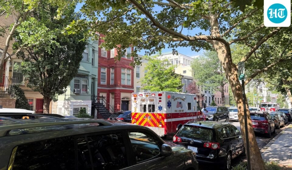 An ambulance is parked outside the home of Senator Mitch McConnell as police and fire vehicles block the street on the morning when he was reported to have been taken to the hospital in Washington, D.C., on June 14, 2026. (REUTERS/Bo Erickson)