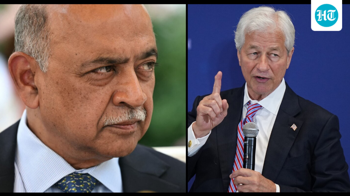 IBM chief Arvind Krishna says meeting etiquette depends on meeting size, while JPMorgan CEO Jamie Dimon continues to push for distraction-free discussions (  (Photo by Mandel NGAN / AFP) and (AP Photo/Matt Rourke))