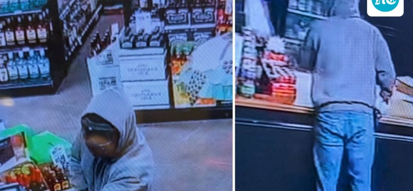 The masked suspect was seen on CCTV wearing a grey hoodie, jeans and black work-style boots (City of Jackson, TN - Police Department/Facebook)