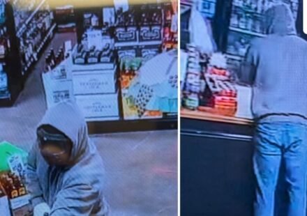 The masked suspect was seen on CCTV wearing a grey hoodie, jeans and black work-style boots (City of Jackson, TN - Police Department/Facebook)