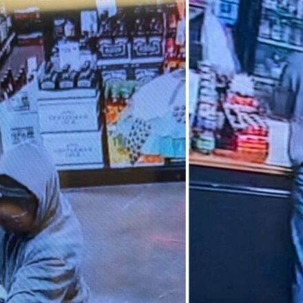 The masked suspect was seen on CCTV wearing a grey hoodie, jeans and black work-style boots (City of Jackson, TN - Police Department/Facebook)