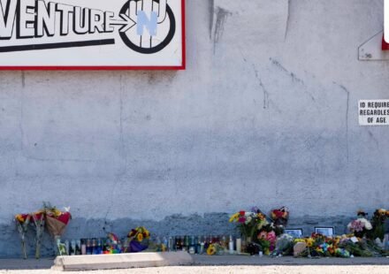 A growing memorial sits outside the Venture-N Bar in Tucson, Ariz., Tuesday, Sept. 1, 2026, for Vincent Siquieros and Cameron Capara, who were fatally shot in the parking lot of the gay bar shortly after midnight Monday. (AP Photo/Rebecca Noble) (AP Photo/Rebecca Noble)