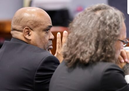 Duane Davis, left, and his attorney Michael Sanft listen to rebuttal closing arguments in the Duane Davis murder trial, related to the 1996 killing of rapper Tupac Shakur, in Clark County District Court at the Regional Justice Center in Las Vegas, Monday, Aug. 31, 2026. (Steve Marcus/Pool Photo via AP) (Steve Marcus/Pool Reuters via AP)