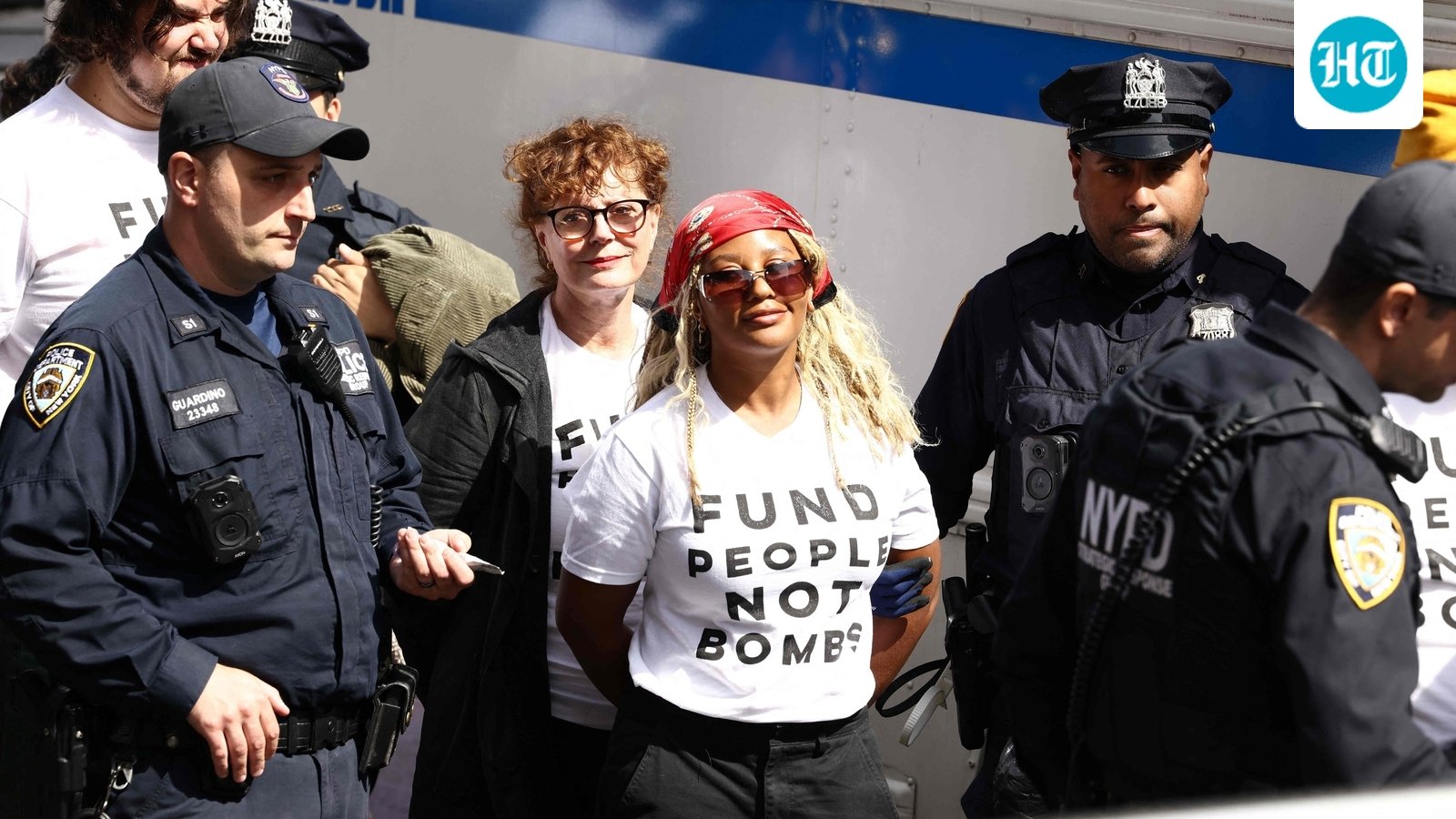 New York City Police Department (NYPD) officers detain US actress Susan Sarandon (C) and other pro-Palestinian demonstrators who were blocking First Avenue near the United Nations headquarters building, ahead of Israel's Prime Minister Benjamin Netanyahu's address to the 81st United Nations General Assembly in New York on September 24, 2026. (Photo by CHARLY TRIBALLEAU / AFP) (AFP)