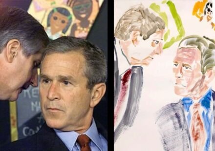 On the left is the infamous photo of George Bush being informed of the 9/11 attacks and on the right is Bush's painting of the moment, 25 years later. (X/@LeftyWinter, Instagram/georgewbush)