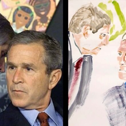 On the left is the infamous photo of George Bush being informed of the 9/11 attacks and on the right is Bush's painting of the moment, 25 years later. (X/@LeftyWinter, Instagram/georgewbush)