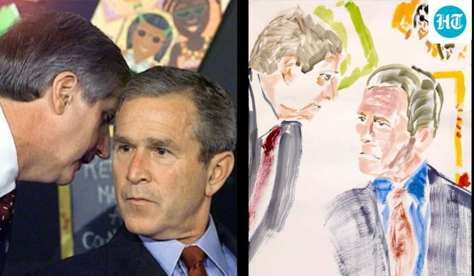 On the left is the infamous photo of George Bush being informed of the 9/11 attacks and on the right is Bush's painting of the moment, 25 years later. (X/@LeftyWinter, Instagram/georgewbush)