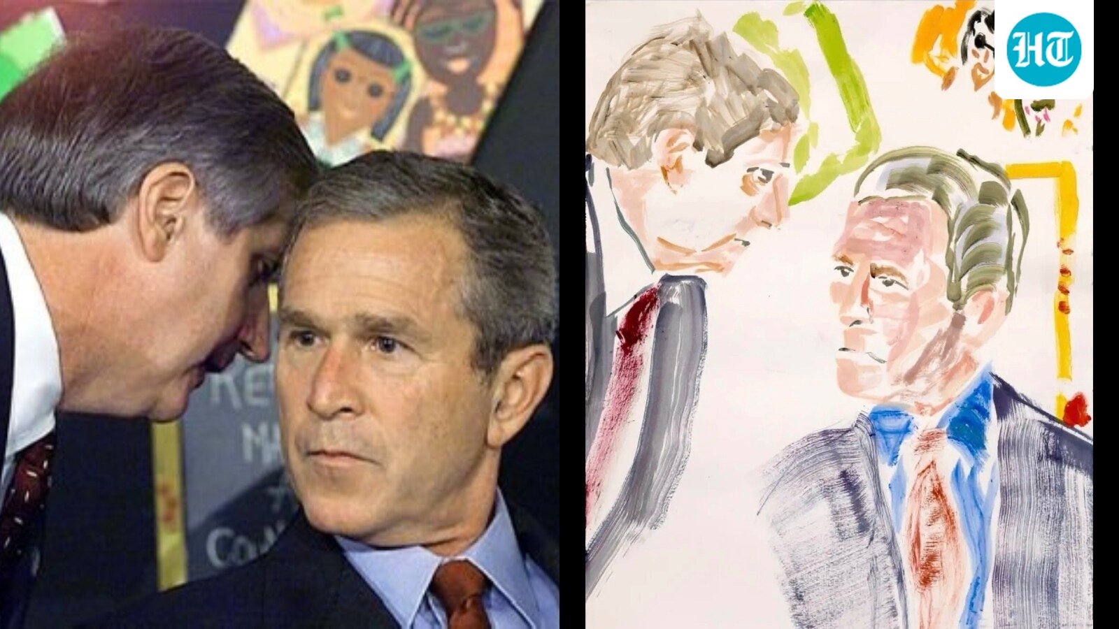 On the left is the infamous photo of George Bush being informed of the 9/11 attacks and on the right is Bush's painting of the moment, 25 years later. (X/@LeftyWinter, Instagram/georgewbush)