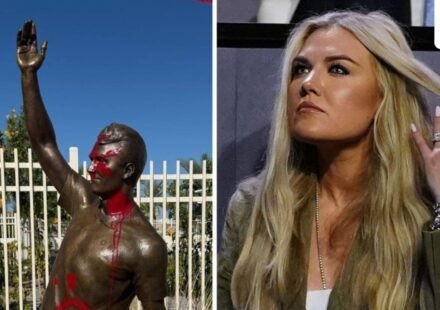 Erika Kirk issues scathing statement after Charlie Kirk statue vandalized (@TPUSA/X, AP Photo/Julia Demaree Nikhinson )